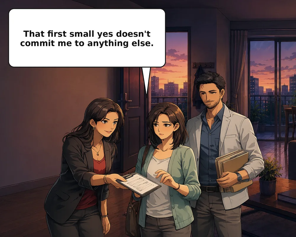 The woman stops the escalation and says that agreeing to one request does not commit her to the next.