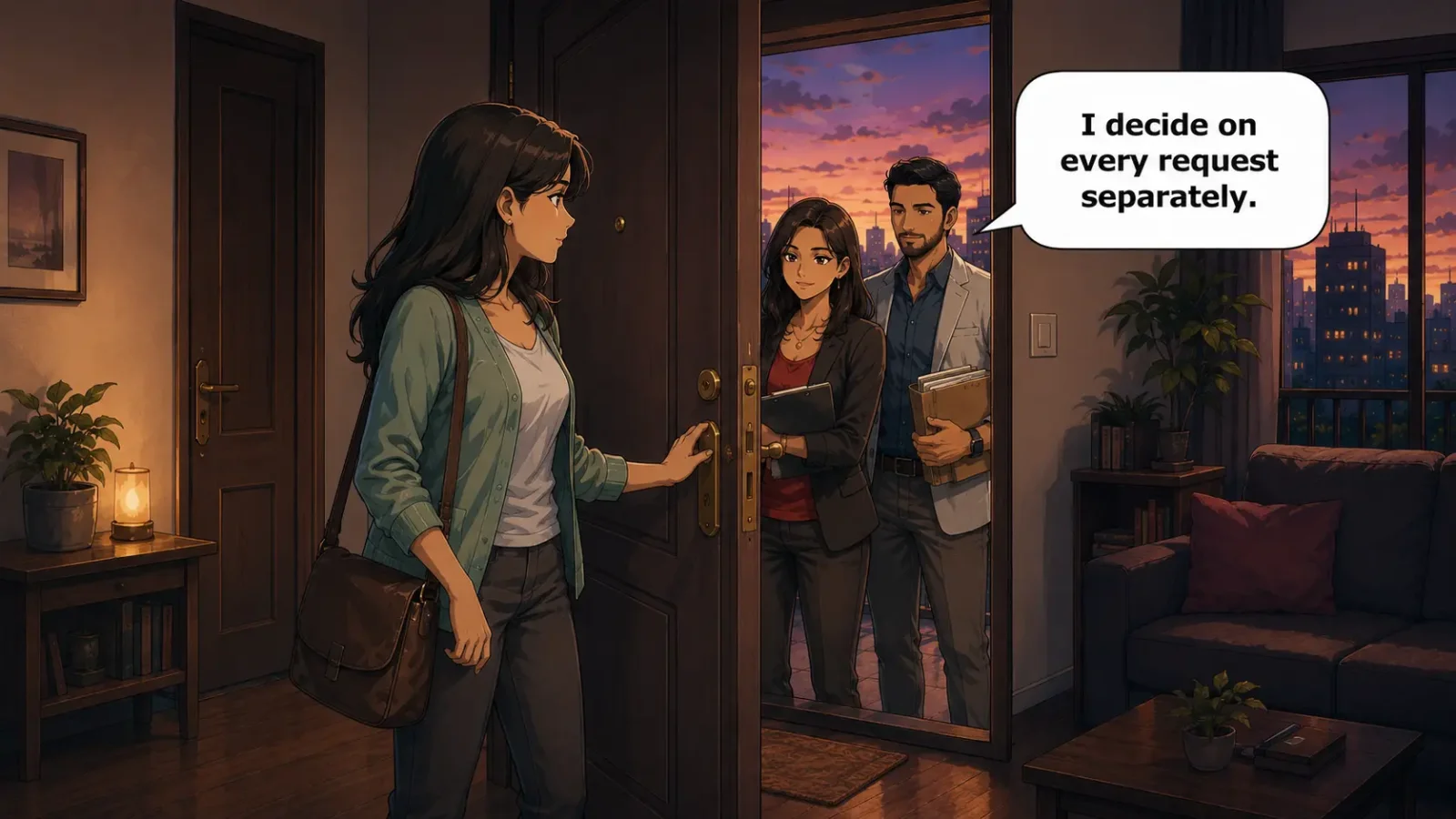 The woman closes the door and says, “I decide on every request separately.”