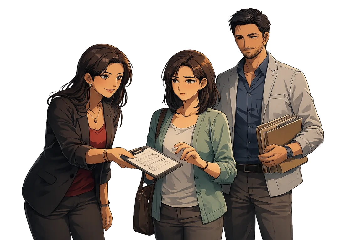 Two representatives present a larger request to a hesitant woman