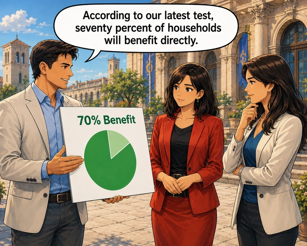 A man presents the result that seventy percent of households will benefit directly.