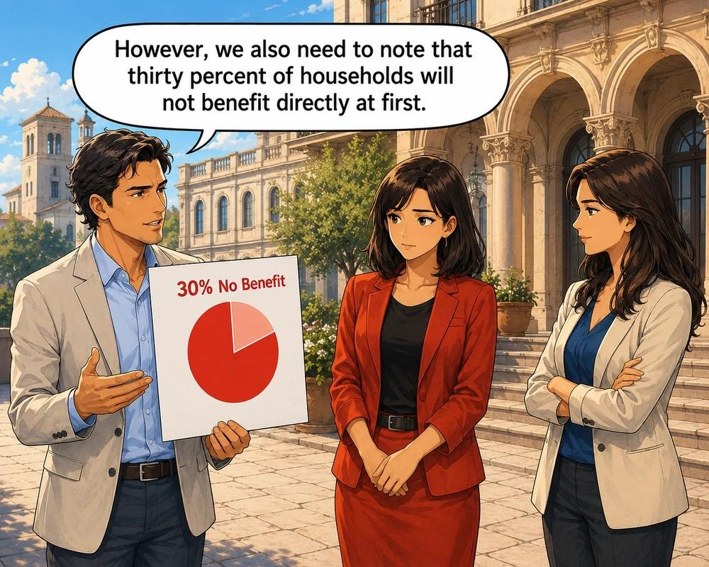 A colleague reframes the same result: thirty percent of households will not benefit directly at first.