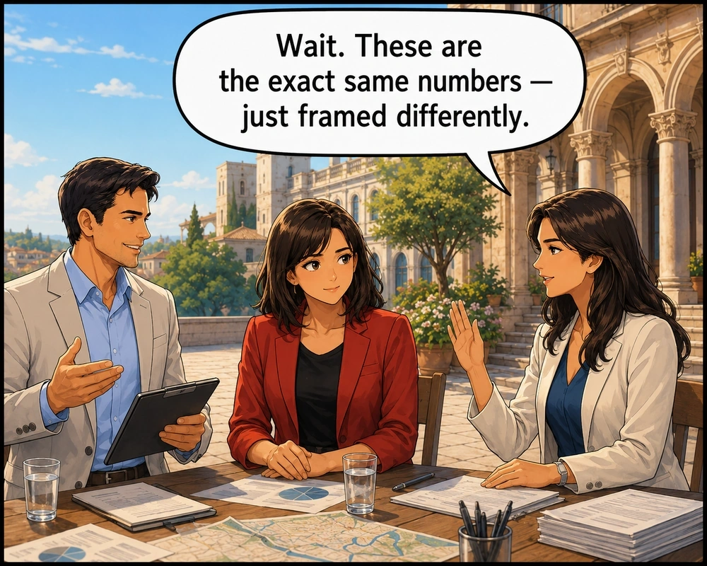 Her colleague points out that these are the exact same numbers, only framed differently.