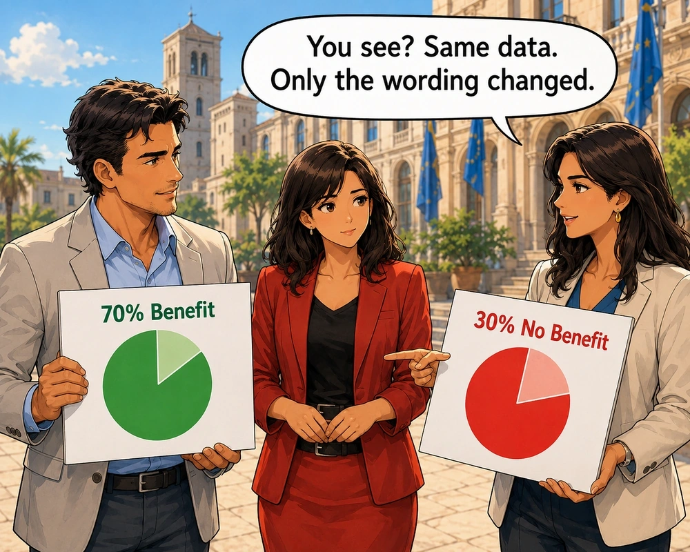 The team compares the seventy-percent benefit and thirty-percent non-benefit descriptions side by side.