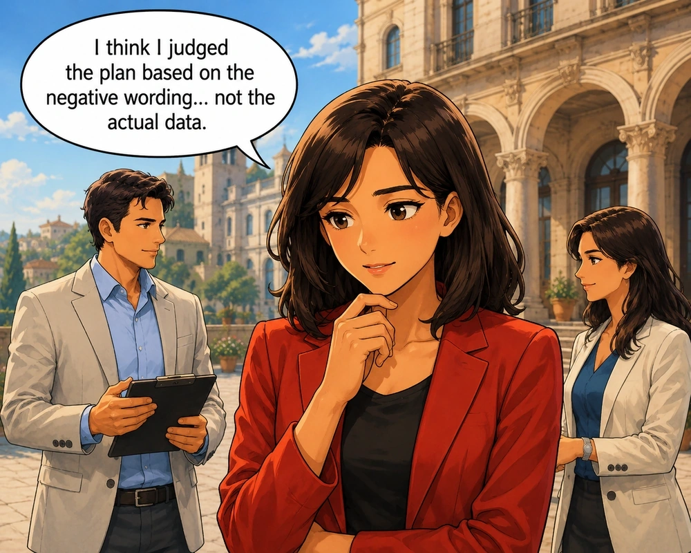 The decision-maker realizes that she judged the plan by the negative wording rather than the data.