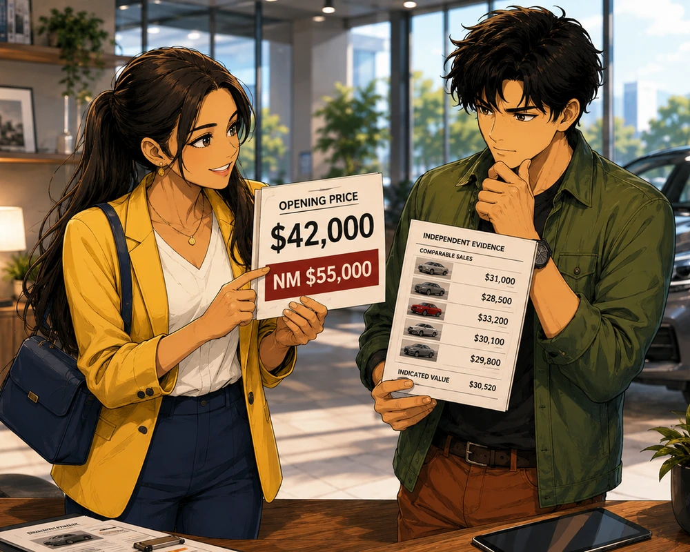 A manga-style car dealership scene where two shoppers compare a vehicle price sheet and independent evidence.