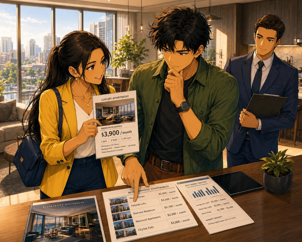 A manga-style apartment viewing where a couple and agent compare a premium listing with neighborhood rental data.