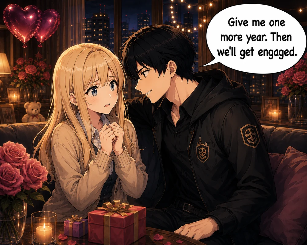 In a romantic room, a man tells a hopeful woman, “Give me one more year. Then we’ll get engaged.”
