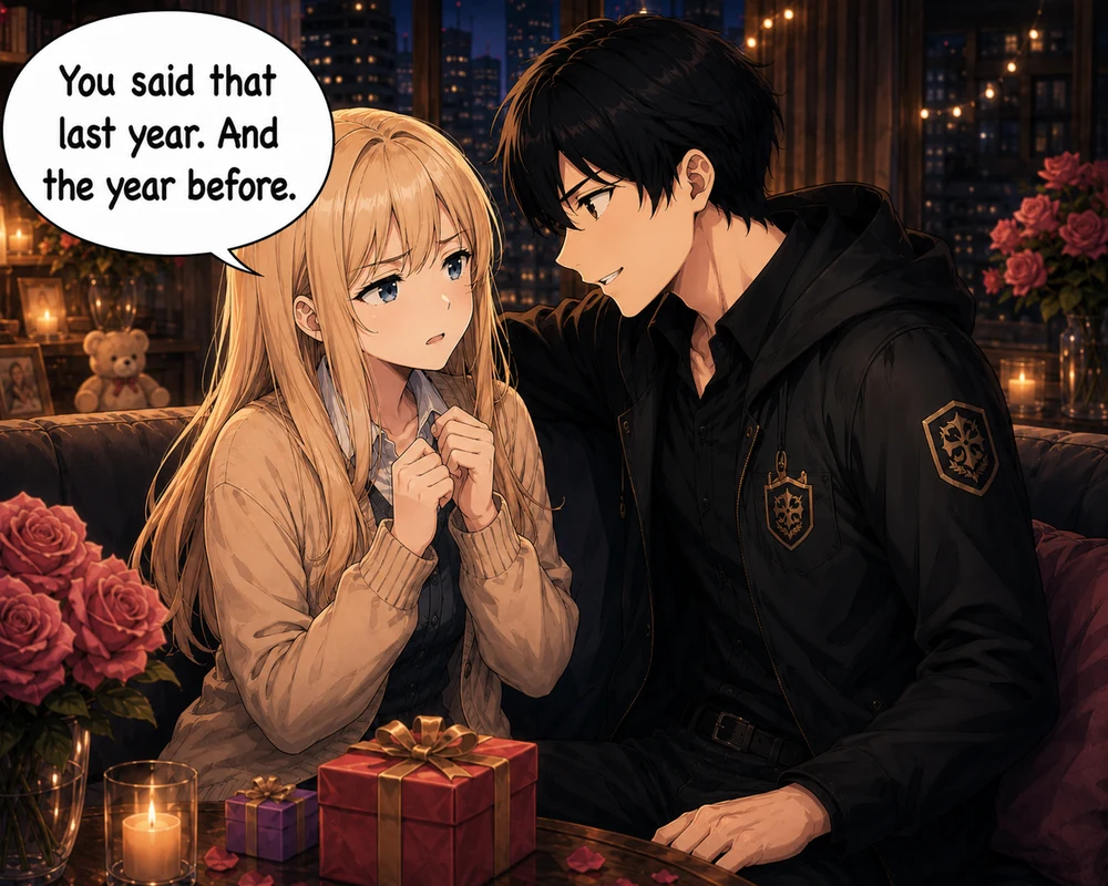 The woman answers, “You said that last year. And the year before,” while the man leans closer.