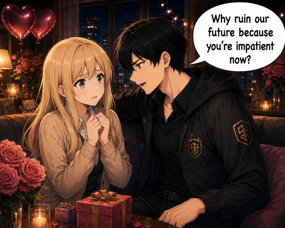 The man pressures her by asking, “Why ruin our future because you’re impatient now?”