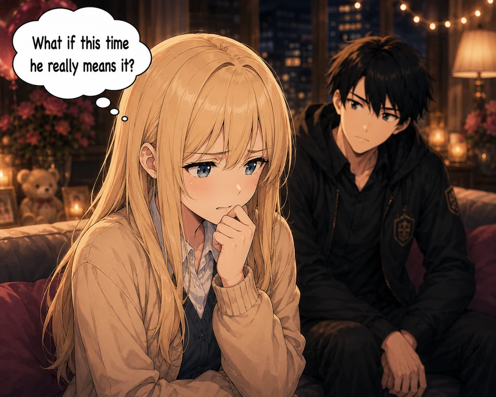 In the foreground, the worried woman thinks, “What if this time he really means it?” while the man watches.