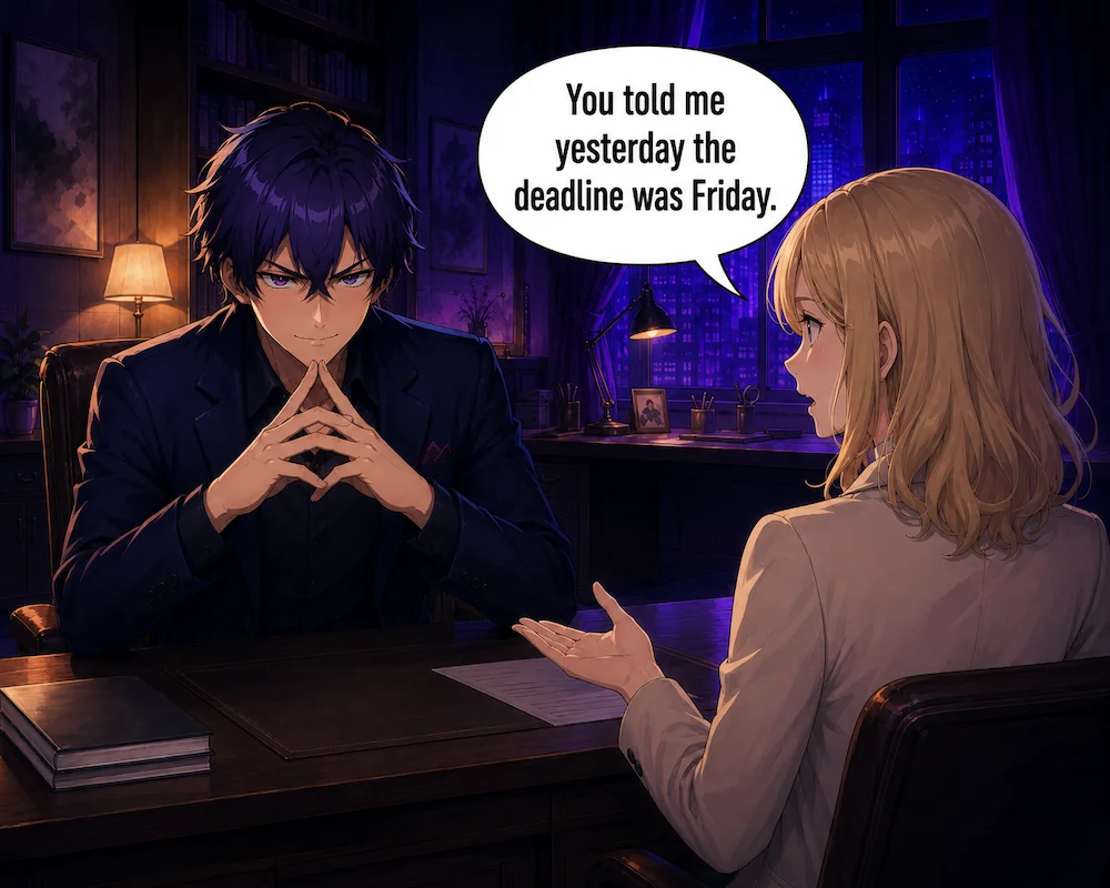 An employee replies, ‘You told me yesterday the deadline was Friday.’