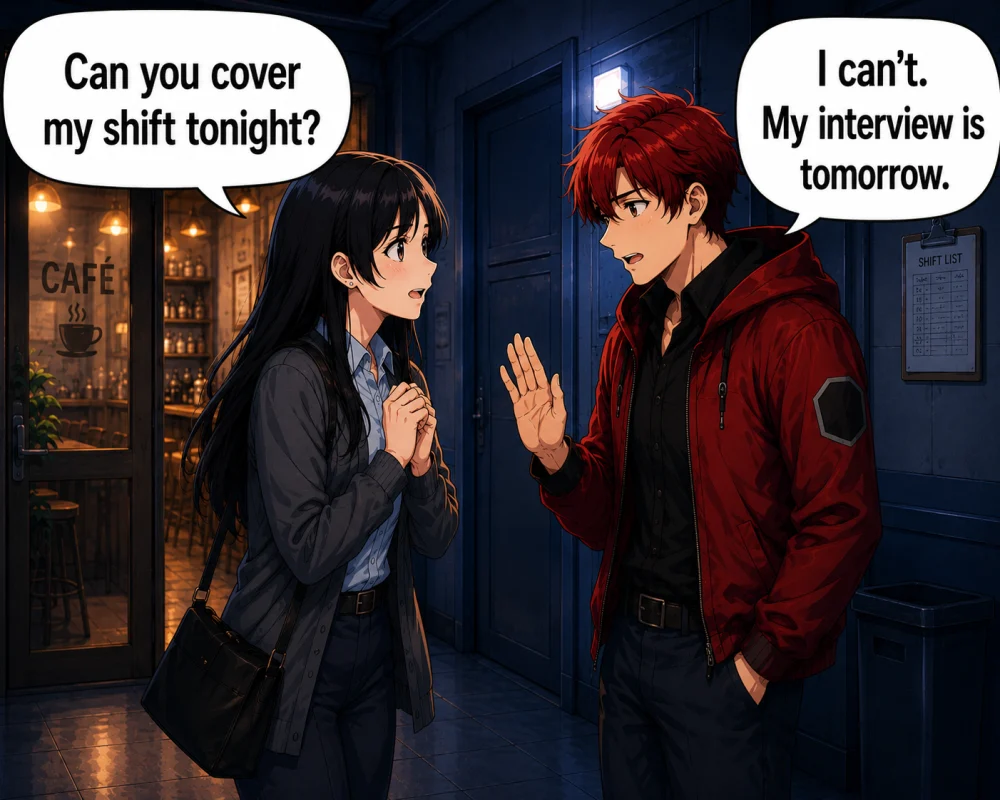 A woman asks, ‘Can you cover my shift tonight?’ A man replies, ‘I can’t. My interview is tomorrow.’