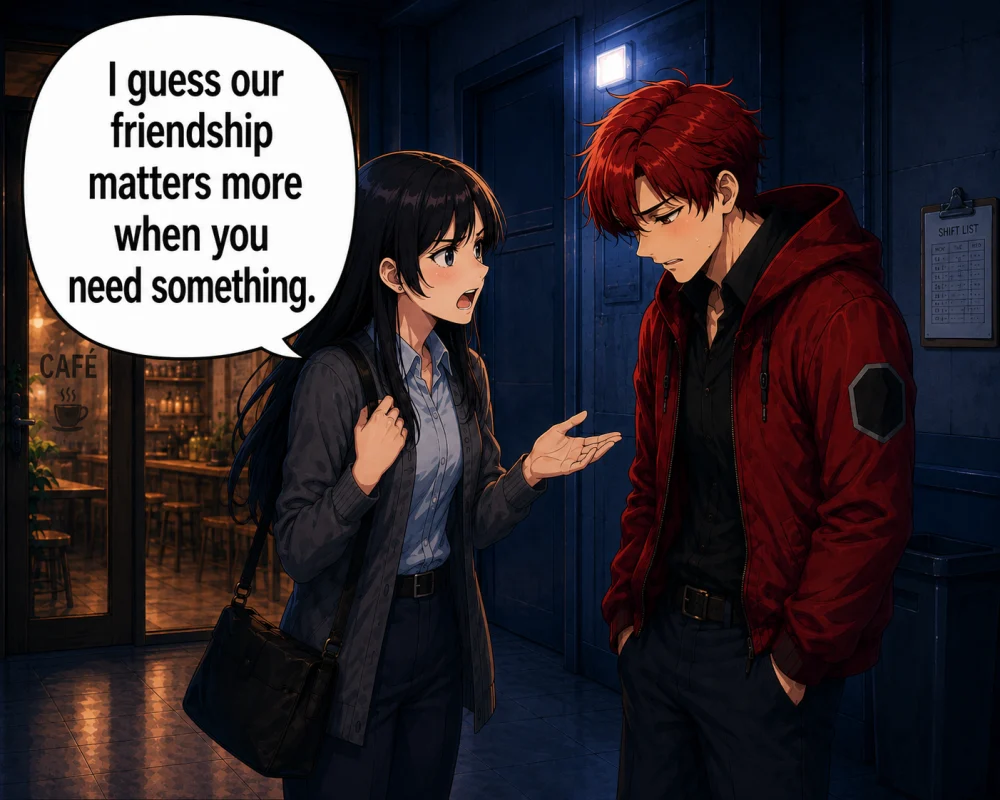 The woman says, ‘I guess our friendship matters more when you need something.’ The man looks guilty.