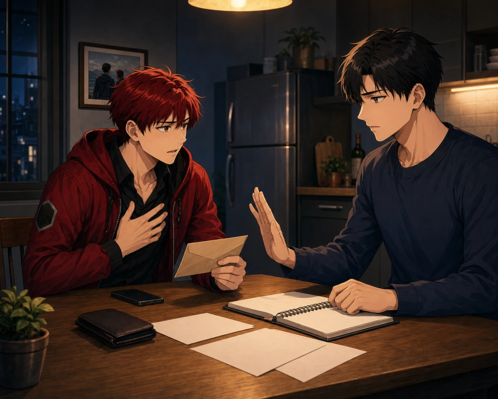 At a kitchen table, one friend holds a loan envelope while the other sets a calm boundary beside blank budget papers.