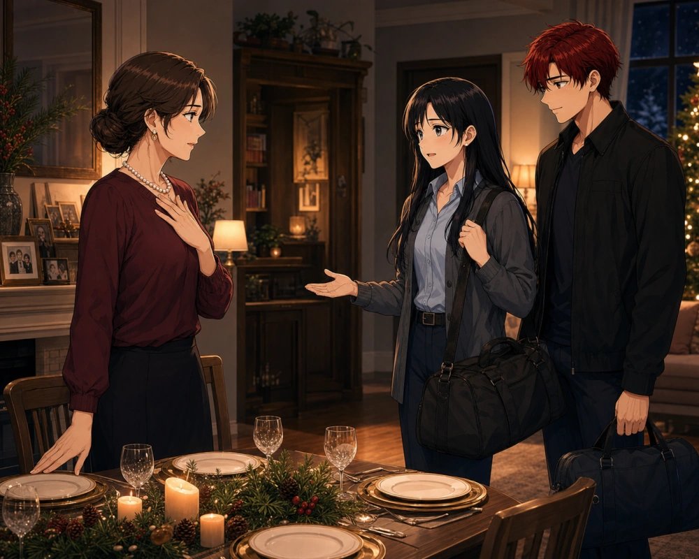 At a holiday table, an older mother presses a hand to her chest as her daughter and her partner stand nearby with travel bags.