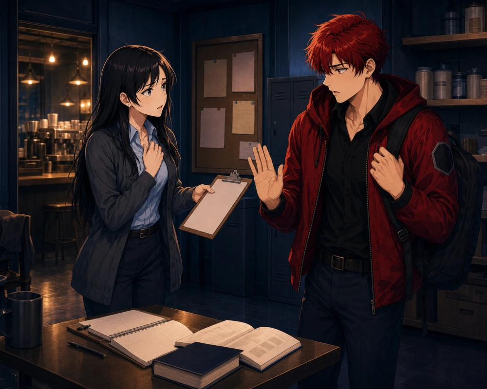 In a dim café back room, a woman offers a blank shift clipboard while a red-haired colleague declines beside open study materials.