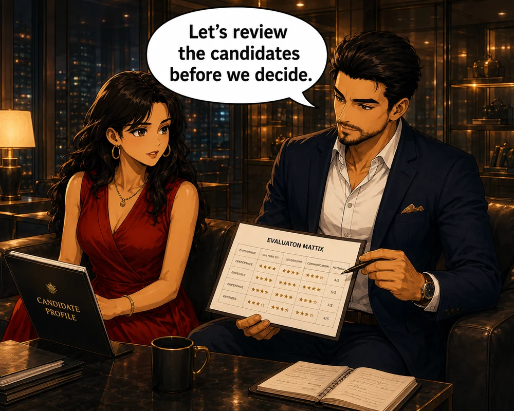 Reviewing a candidate profile and evaluation matrix, a woman says, “Let’s review the candidates before we decide.”