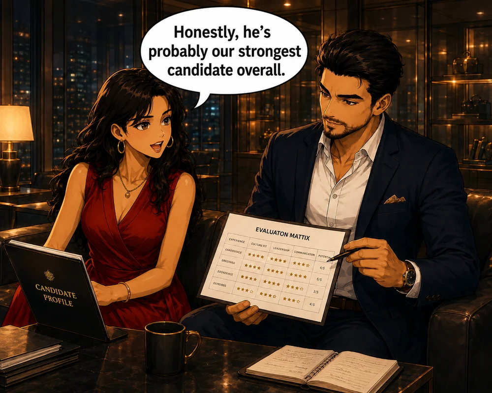 Influenced by that impression, the woman says, “Honestly, he’s probably our strongest candidate overall.”