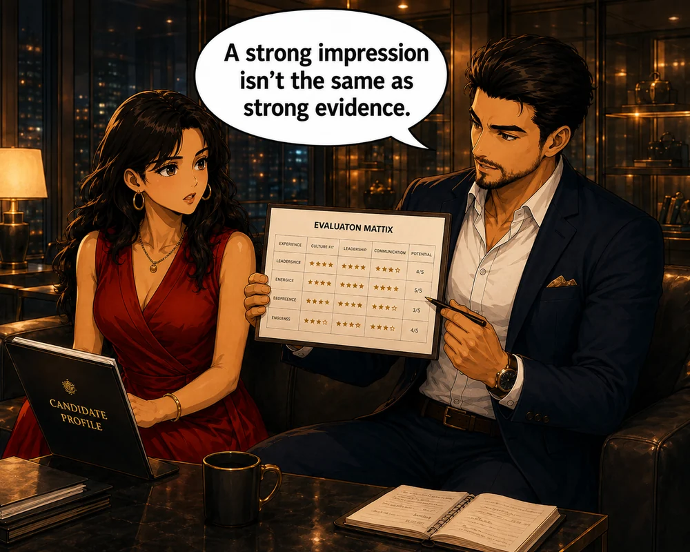 Holding up the evaluation matrix, the man cautions, “A strong impression isn’t the same as strong evidence.”