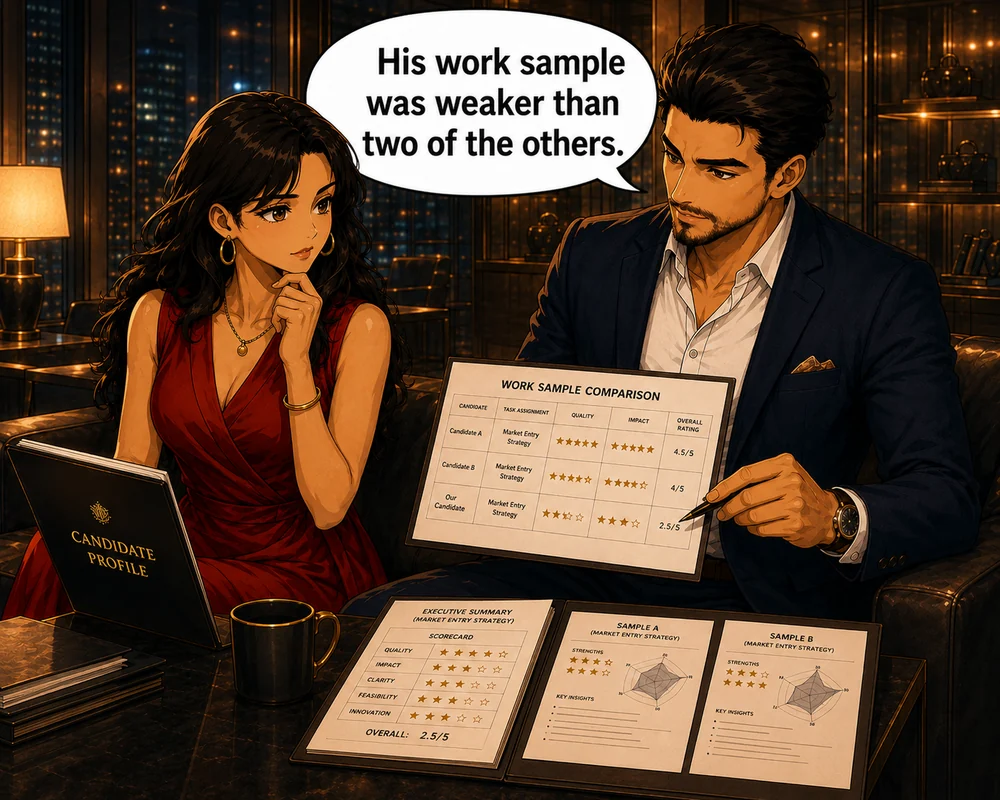 Comparing work samples, the man notes that the impressive candidate’s sample was weaker than two others.