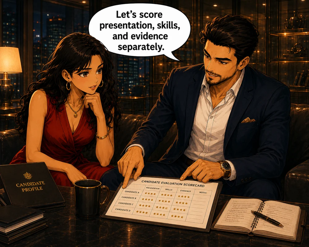 The pair use a scorecard as the man says, “Let’s score presentation, skills, and evidence separately.”