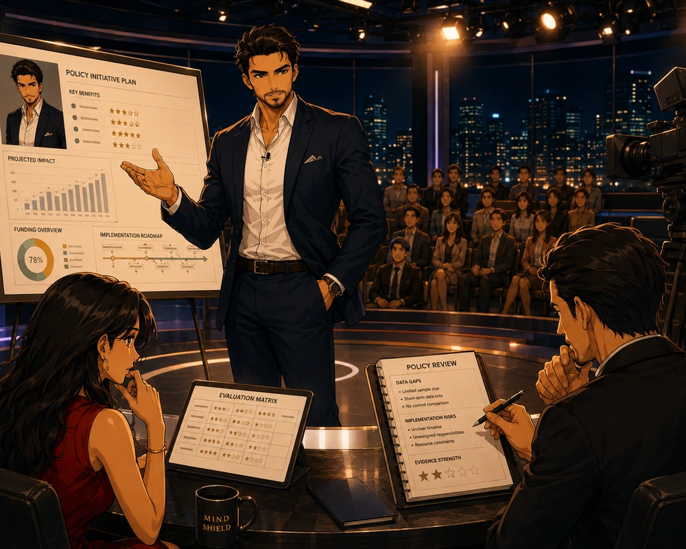 A charismatic policy speaker presents to a studio audience while reviewers examine an evaluation matrix and evidence gaps.