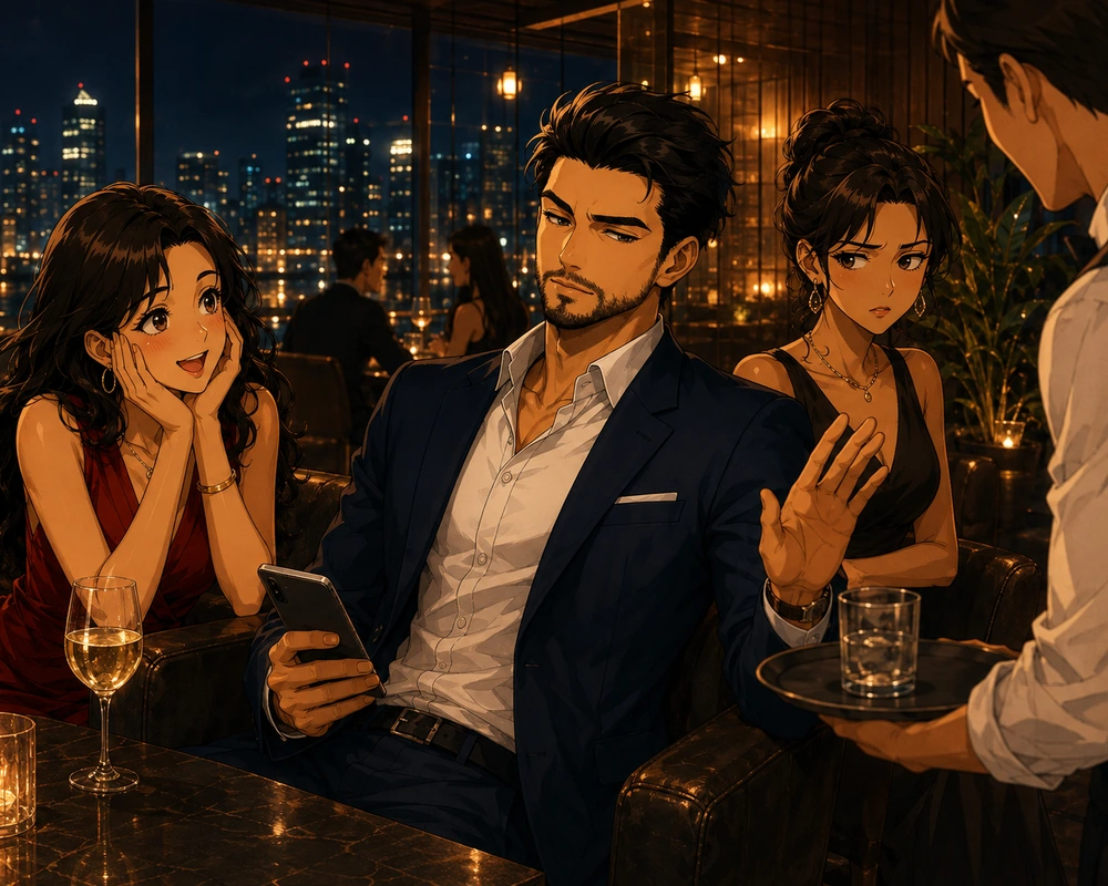 Friends in an upscale rooftop lounge react differently to a charming man who dismisses a server while holding his phone.