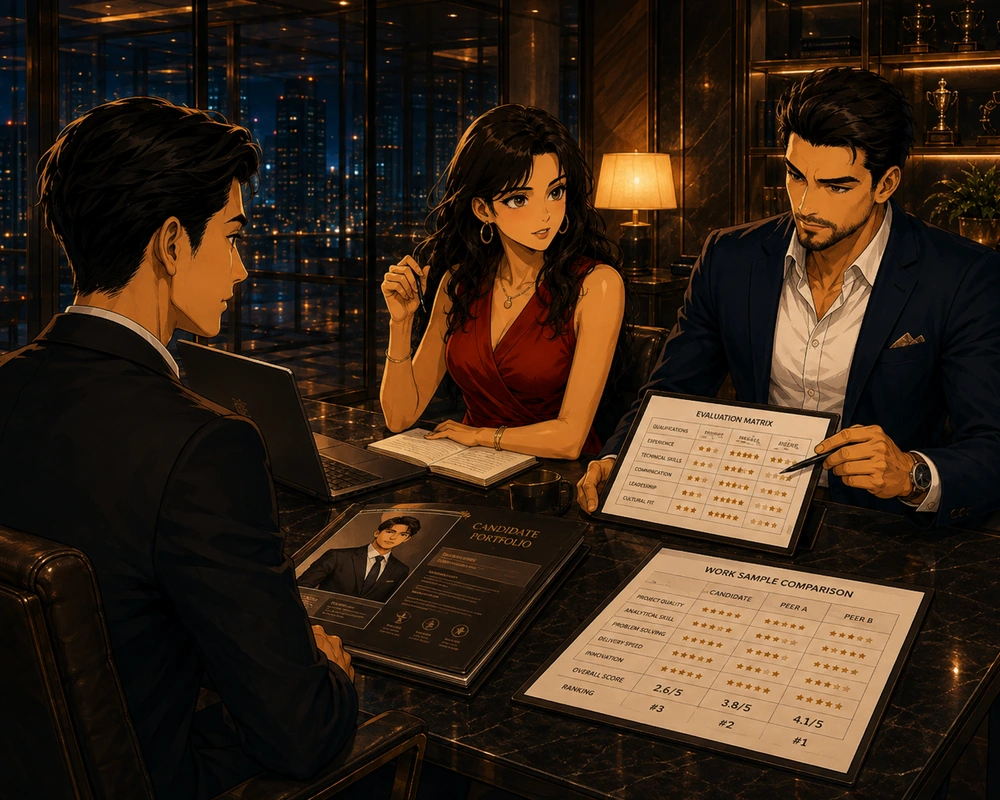 A hiring panel reviews a candidate portfolio, work-sample comparison, and evaluation matrix in a luxurious night office.