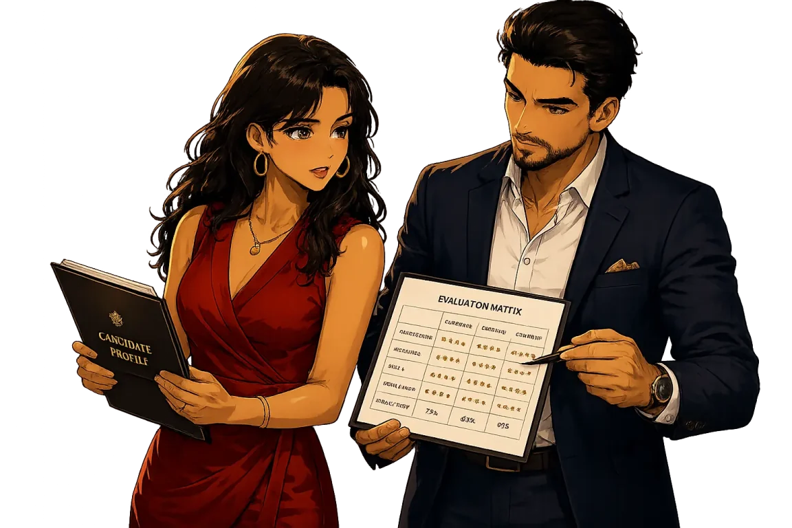 A woman and a man compare a candidate profile with an evaluation matrix