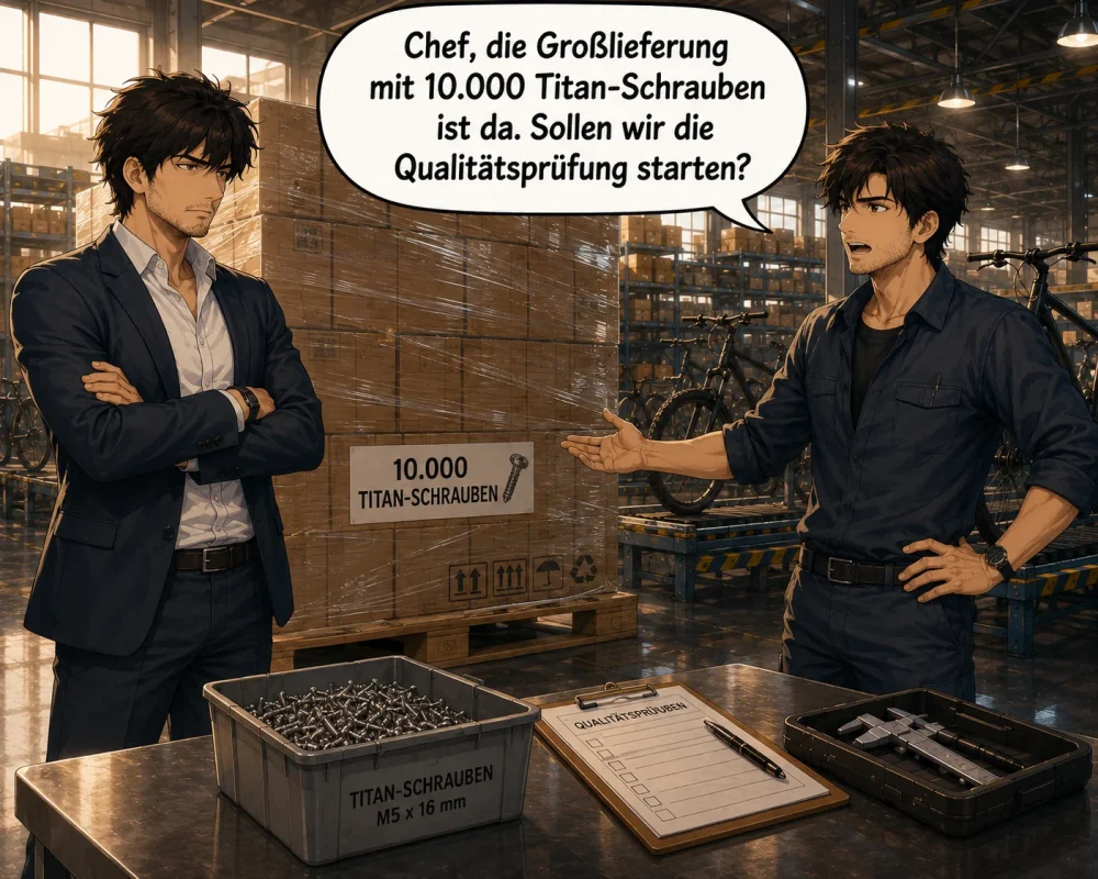 A warehouse employee announces the arrival of ten thousand titanium screws and asks whether quality testing should begin.