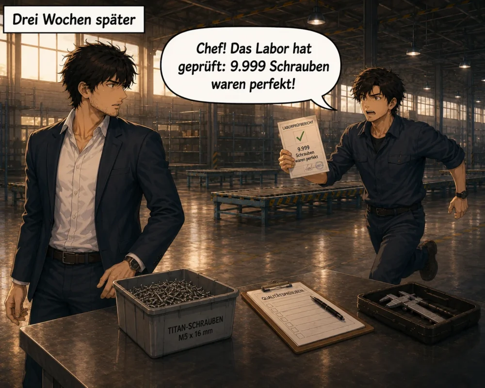 Three weeks later, the employee reports that the laboratory found the other 9,999 screws perfect.