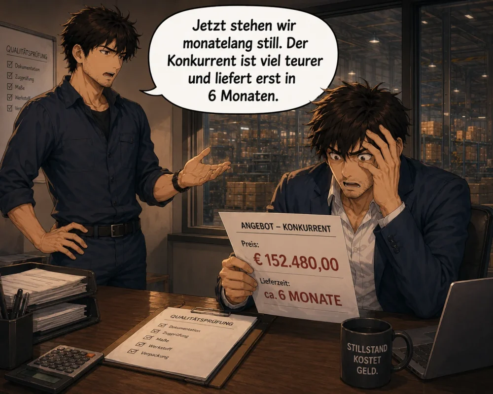 The employee explains that production will stop for months because the competitor costs more and cannot deliver for six months.