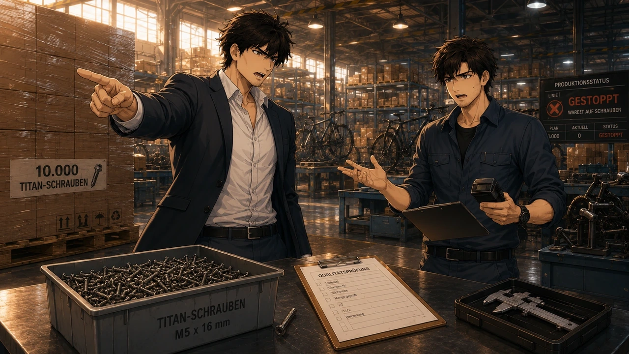 Two men argue over a shipment of titanium screws in a warehouse while a quality checklist and production-status board sit nearby.