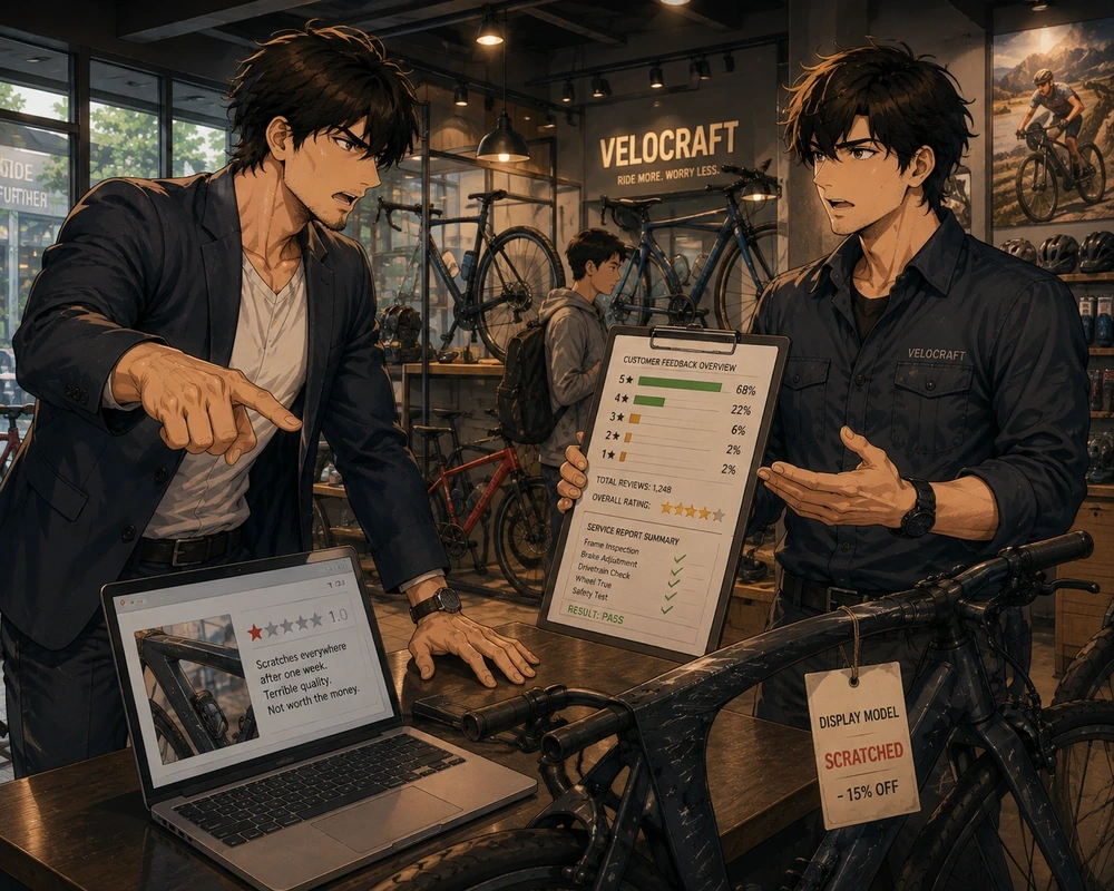 A training workshop where a manager points angrily while an instructor and students discuss parts, plans, and finished projects.