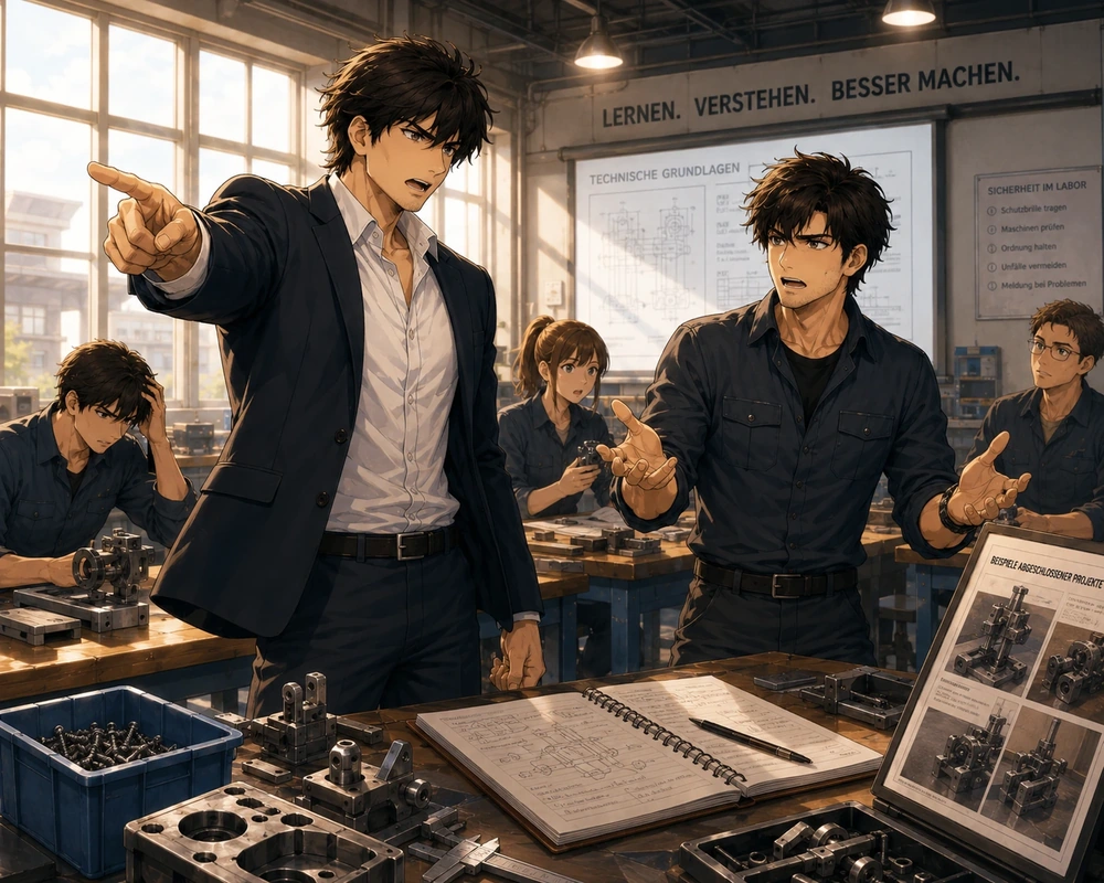 Two men debate in a warehouse over a bent screw, a large shipment, and a quality checklist.