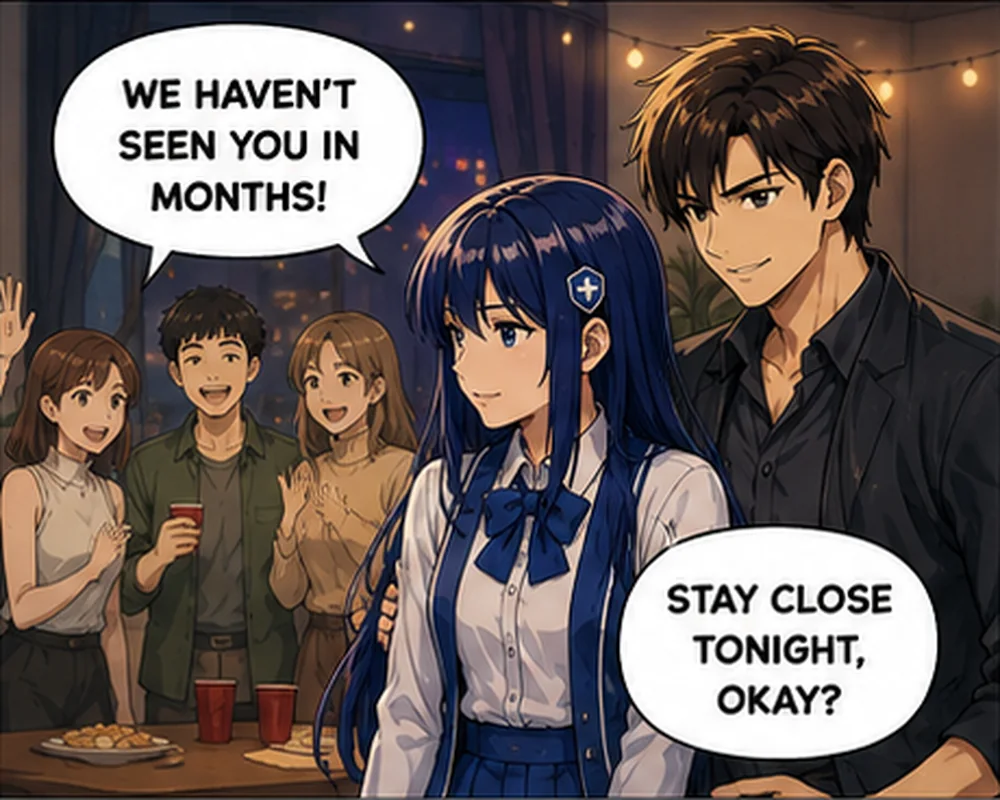 At a gathering, friends say, “We haven’t seen you in months!” while a man tells the woman, “Stay close tonight, okay?”