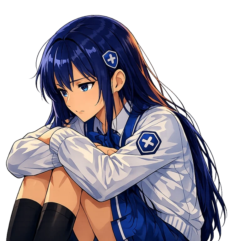 A young woman sits alone with her knees drawn close