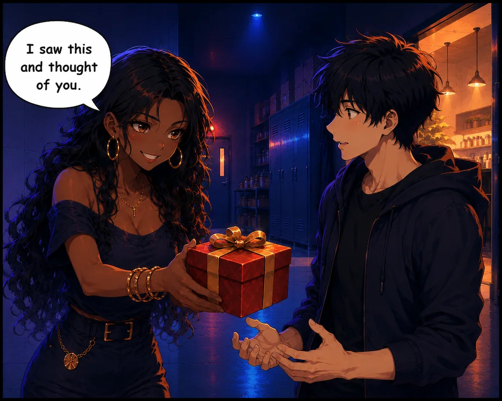 A woman offers a man a gift and says, ‘I saw this and thought of you.’