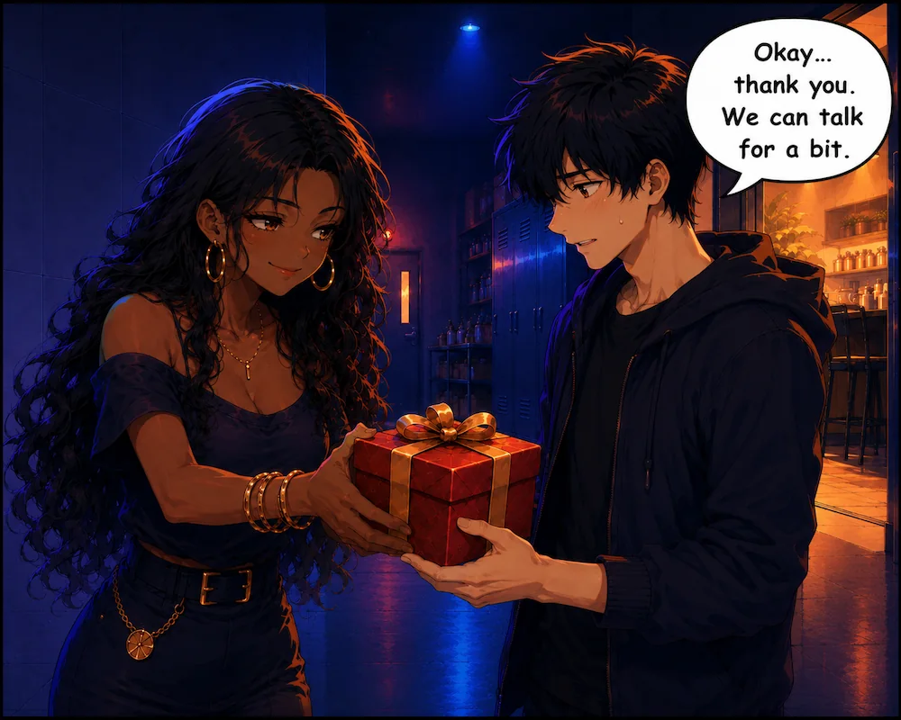 The man accepts the gift and says, ‘Okay… thank you. We can talk for a bit.’