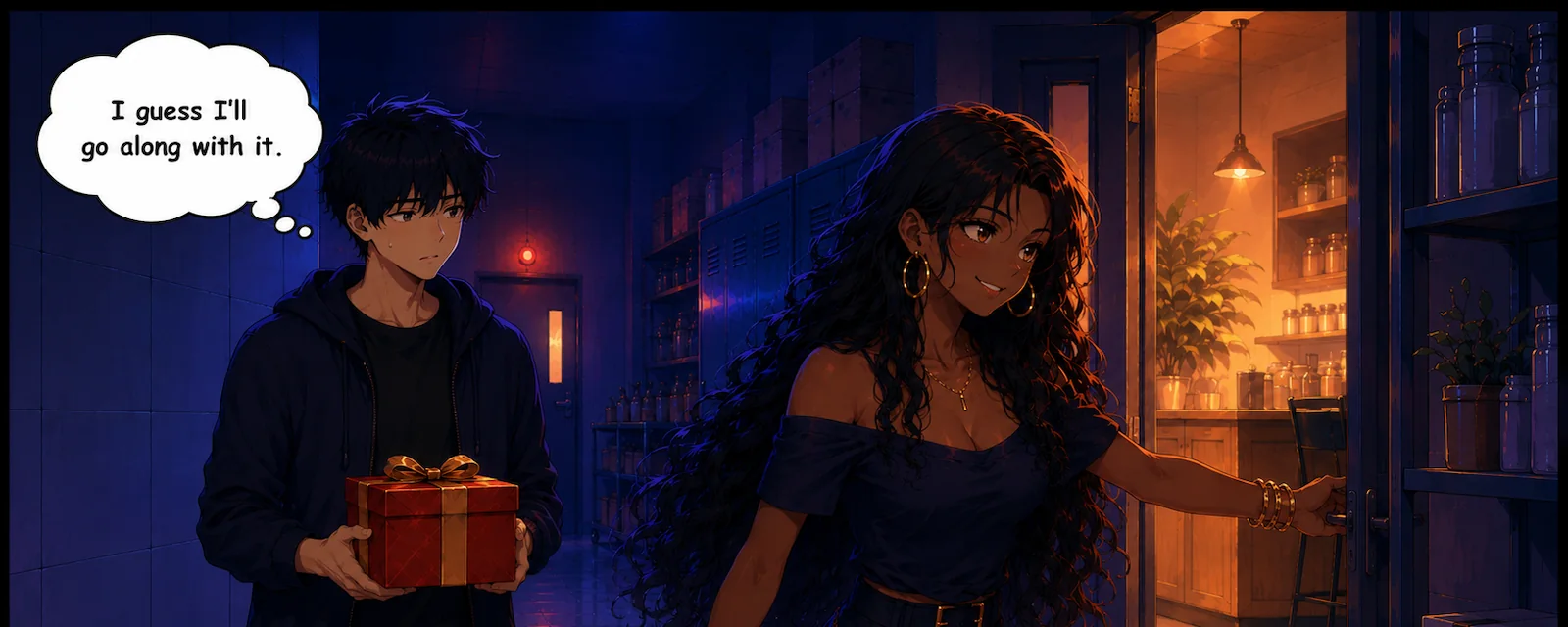 The man follows the woman while holding the gift and thinks, ‘I guess I’ll go along with it.’