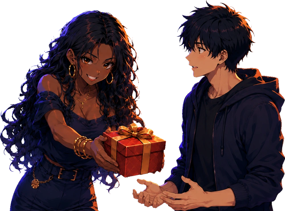 A woman overwhelms a surprised man with an unexpected gift
