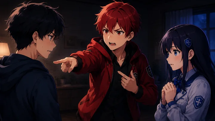 A student angrily blaming another in front of a witness