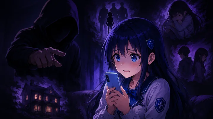 A frightened student reading threatening messages