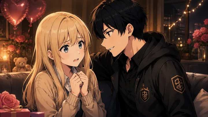 A student making romantic promises in a decorated room
