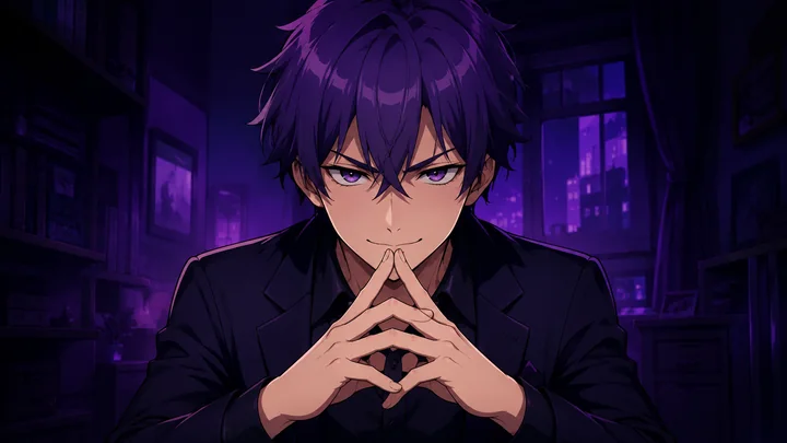A calculating student seated in a dark purple room