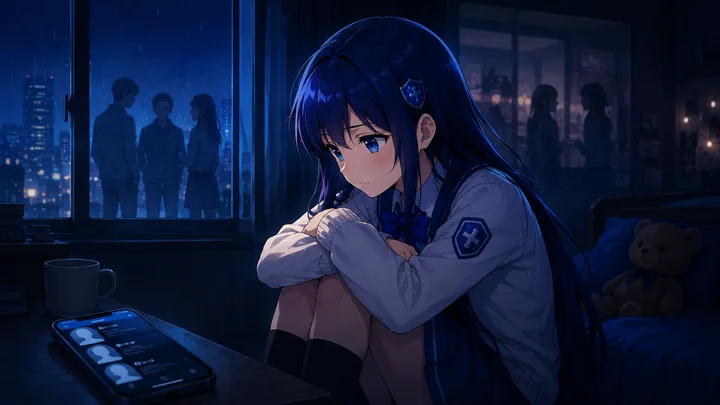 A student sitting alone while others gather outside
