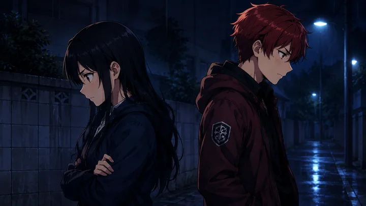 Two students standing back-to-back in silence at night