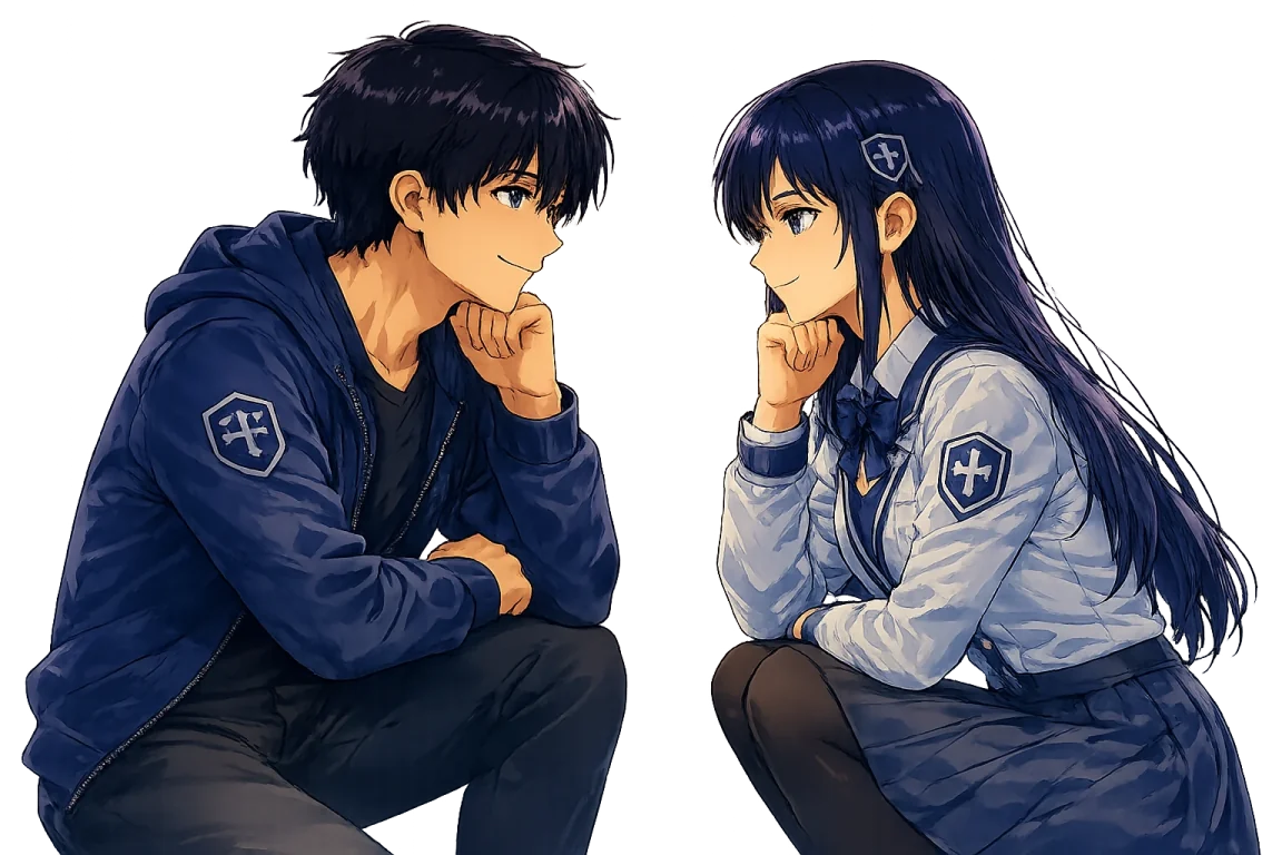 A man and woman mirror each other's attentive posture