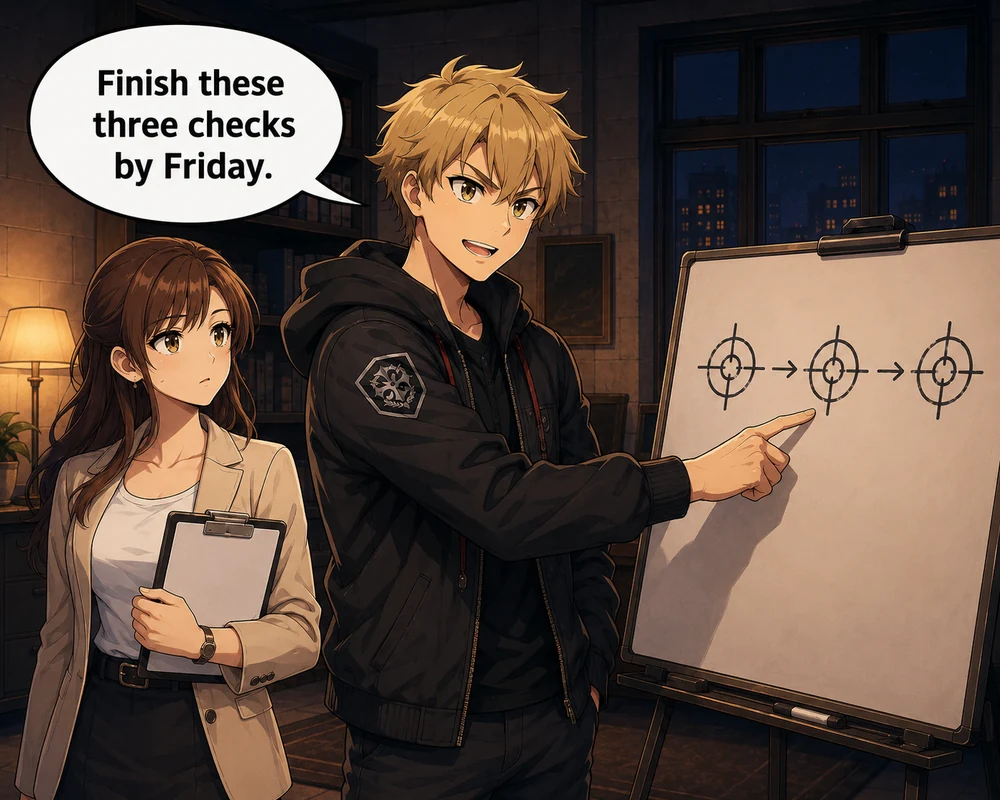 Beside a whiteboard, a man points to three targets and tells a woman, “Finish these three checks by Friday.”