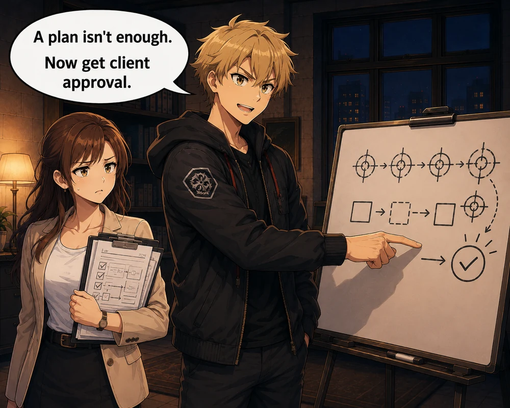 The man expands the board again and says, “A plan isn’t enough. Now get client approval,” while the woman looks frustrated.